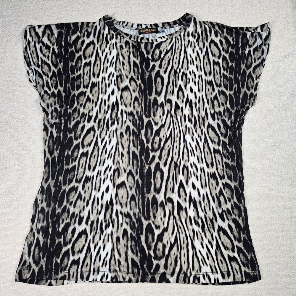 Y2K Roberto‎ Cavalli Gym Leopard Knit Top Shirt Stretch Black Gray Women's M